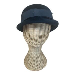 Vintage Womens Black Real Fur Veloured Bowler Hat With Bow Size Medium 50s/60s